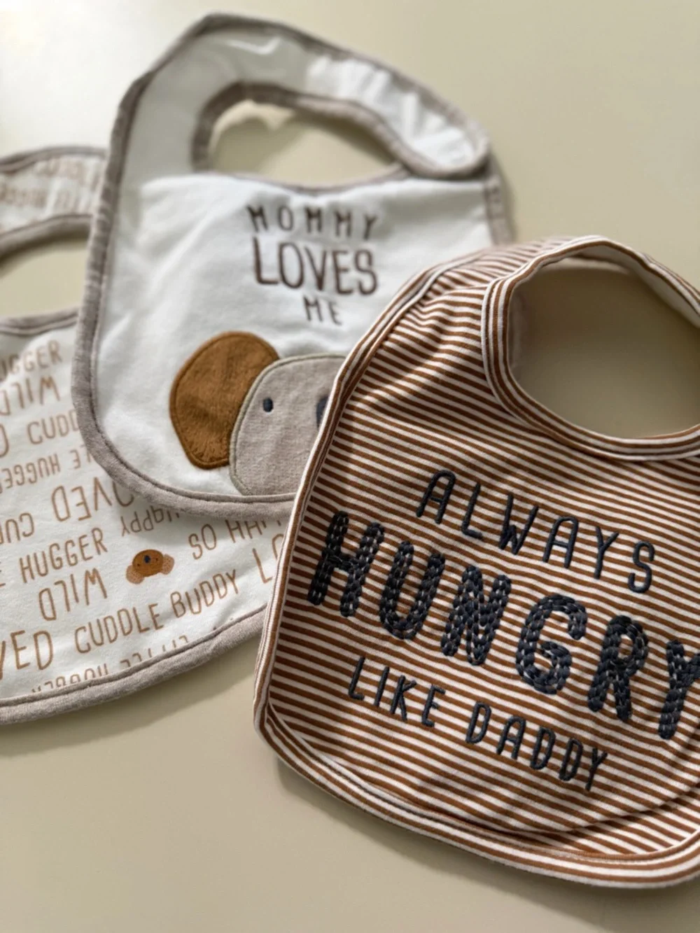 Neutral Brown & White Baby Bib Set - 'Mommy Loves Me' & 'Always Hungry like dad”